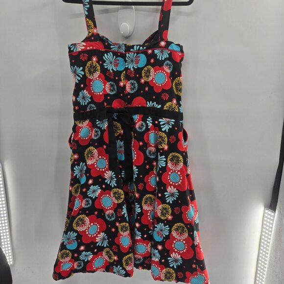 Retro Rockabilly Black Red Blue Flowers V-Neck Fit and Flare Dress Large - Picture 3 of 8